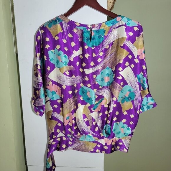 ❤️ 3 for $35 VINTAGE 80s oversized satin drop waist tie blouse top small medium - Picture 2 of 3
